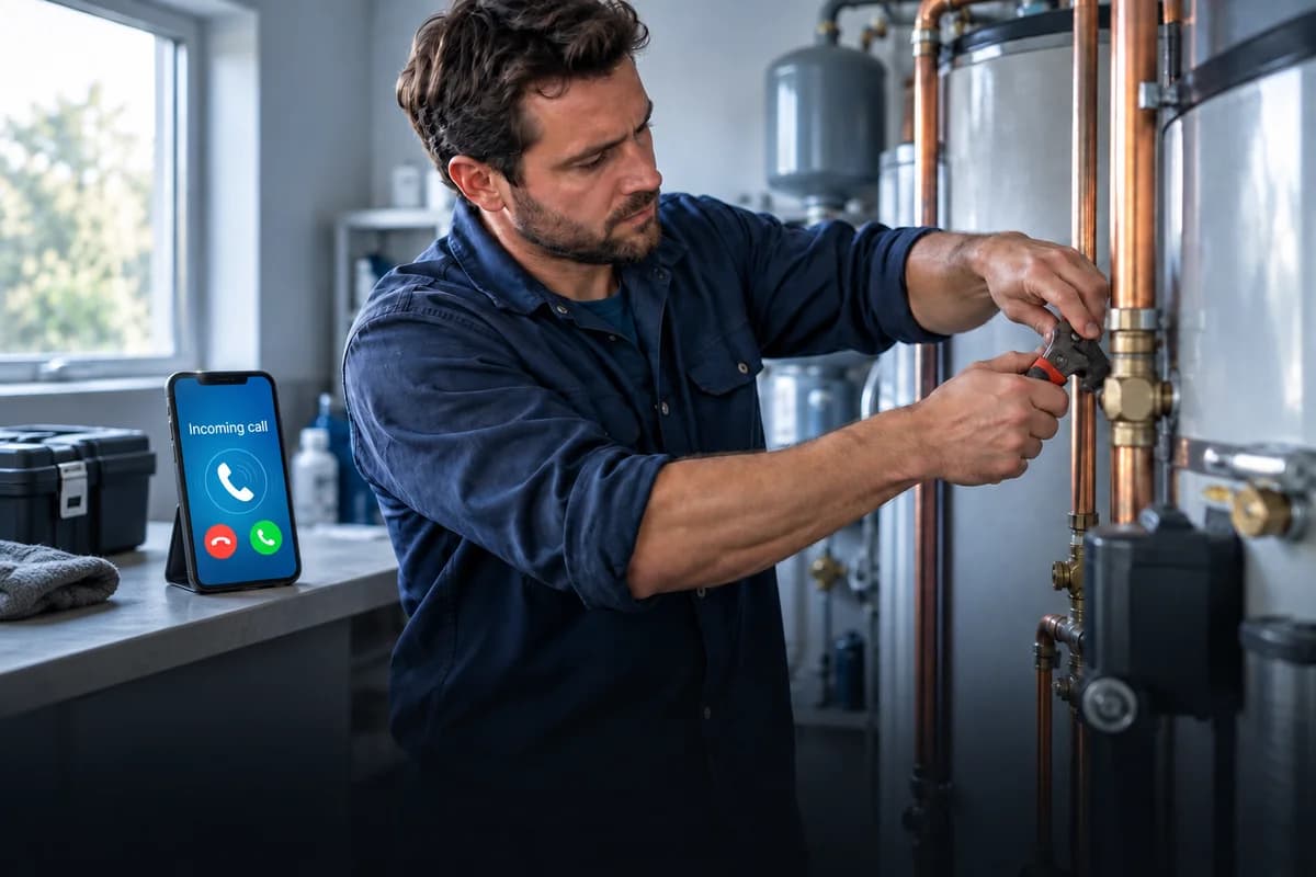 A plumber working on a water heater while his phone shows an incoming call